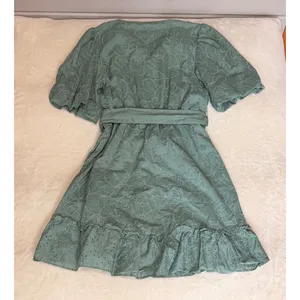 Joie Sage Green Eyelet Cotton Belted Mini Dress Puff Sleeve Ruffle Hem Size 2 thumbnail 2