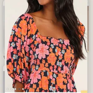 NWT Lulus Pollen in Love Navy Blue Floral‎ Puff Sleeve Mini Skater Dress SMALL thumbnail 3