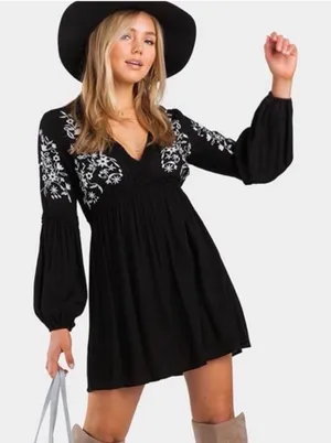 Francesca's Blue Rain Embroidered Boho Peasant Mini Dress‎ S Johnny Was Vibes thumbnail 1