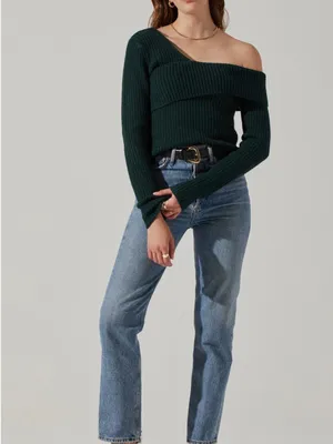 Astr The Label Asymmetrical Foldover One Shoulder Sweater Green Medium $70 thumbnail 3