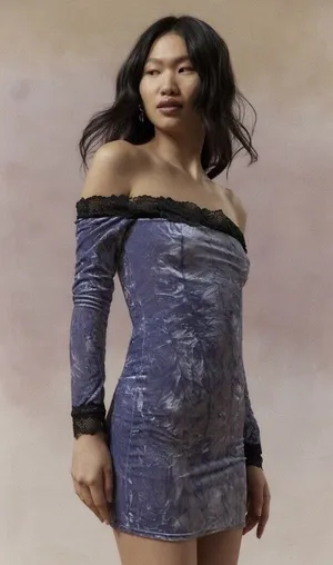 NWT Urban Outfitters Kimchi Blue Ryder Velvet Lace Off Shoulder Blue Dress Sz L thumbnail 1