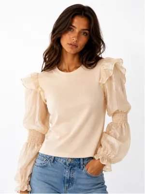 Anthropologie Puff Sleeve Cream Blouse Coquette Romantic Old Money Parisian Boho thumbnail 1