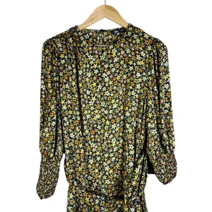 Zara Ditsy Floral Print Mini Dress Yellow Brown Boho Smocked Cuff Size M thumbnail 4