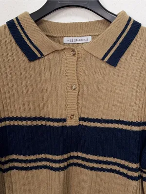Miss Sparkling Camel Navy Striped Polo Collar Knit Sweater thumbnail 3