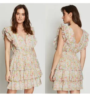 Love The Label Mini Dress Small Pink Green Ines Floral Printed Tiered Ruffle thumbnail 2