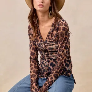 BiBi Leopard Printed Mesh‎ Shirt With Button Up V Neck Size XL thumbnail 6