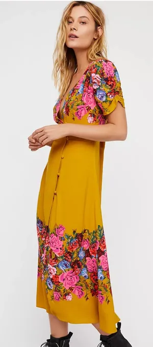 Free People Janie Midi Dress with Pink & Blue Floral Print thumbnail 1