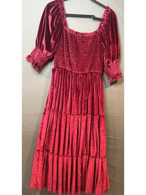 Realtix XL Burgundy Velvet Maxi Dress Smocked Puff Sleeve Cottagecore Romantic thumbnail 7