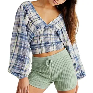 Free People Multicolor Smocked V-Neck Long Sleeve Marlena Plaid Crop Top Size XS thumbnail 1