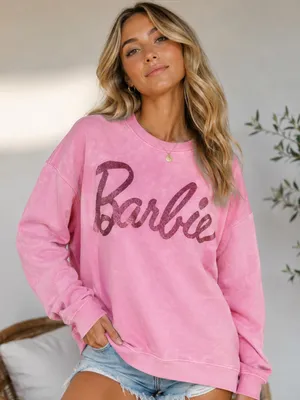 Barbie Pink Wash Pullover Crewneck Sweatshirt Pink Glitter Logo Pullover Med thumbnail 1