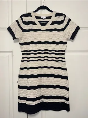 Striped V‑Neck Knit Mini Dress in Cream and Black thumbnail 4