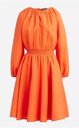 J.Crew Orange Linen Smocked Waist Mini‎ Dress Long Sleeve XS thumbnail 1