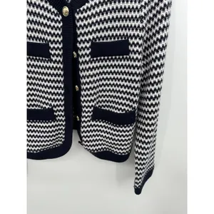 Free Assembly Womens Navy White Textured Knit Gold Button Cardigan Sweater M thumbnail 5