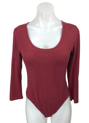Free People Hi Hon Wine Red Rib Knit Long Sleeve Scoop Neck Thong Bodysuit Top M thumbnail 1