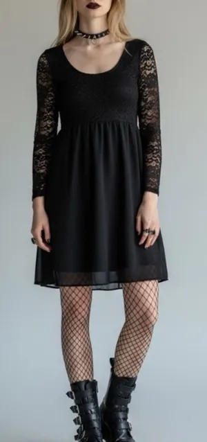 Vintage 90s black lace Chiffon sheer overlay babydoll dress Grunge Emo LBD Goth thumbnail 1
