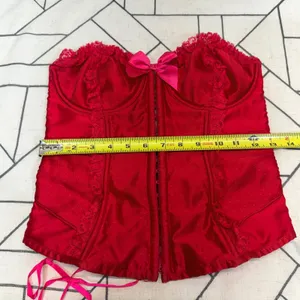 Victoria's Secret Corset Top 36C Red‎ Excellent Lace Up Satin Polka Dot Bow thumbnail 8