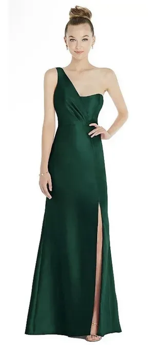 $257 Alfred Sung Hunter Green Shantung One Shoulder Pleated Gown Size 20 R1 D827 thumbnail 1