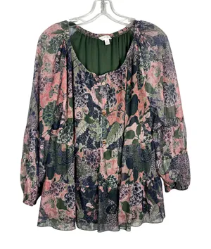 Terra & Sky Dark Mesh Floral Peplum Hem Babydoll Blouse Plus Size 0X 14W Fairy thumbnail 1