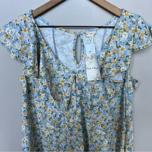 Hem & Thread NWT Peony Floral Ruffle Mini Dress Blue and Yellow Linen Size Small thumbnail 7