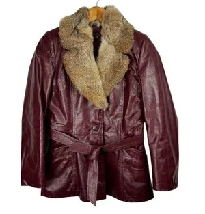 Vintage Leather Rabbitt Fur Trim Trench Tie Jacket Sz 5/6 Maroon Y2K Mob Wife thumbnail 1