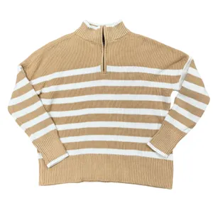 Lands' End Women Quarter Zip Sweate Tan White striped Women's size Large (12-14) thumbnail 2