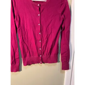 Loft Women's Sz XS Cardigan Sweater Crewneck Magenta Pink Jeweled Buttons Cotton thumbnail 5