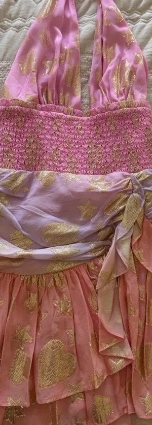 Love Shack Fancy Pink and Lavender Sparkle Heart and Star Mini Dress thumbnail 2