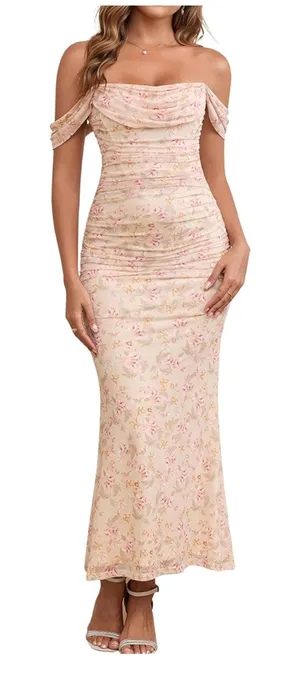 Women Off The Shoulder Maxi Long Dress Corset Ruched Bodycon Formal Dress thumbnail 1