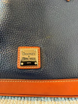 Dooney & Bourke Pebbled Leather Dome Satchel Bag Navy Blue Brown Trim thumbnail 2