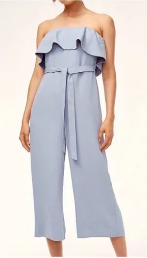 Aritzia babaton flutter strapless blue ruffle cropped wide leg jumpsuit size 2 thumbnail 1