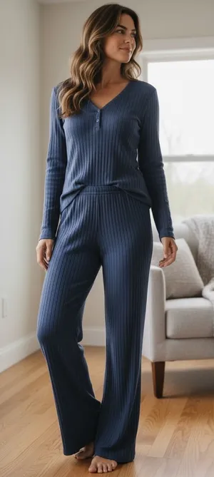 State of Day Intimates Blue Ribbed Henley Pajama Set Long Sleeve Wide Leg Small thumbnail 1