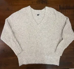 American Eagle Womens Knit V-Neck Sweater XS‎ Extra Small Beige Waffle Texture thumbnail 1