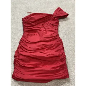 Zara Bright Red One-Shoulder Ruched Mini Dress Size S thumbnail 2