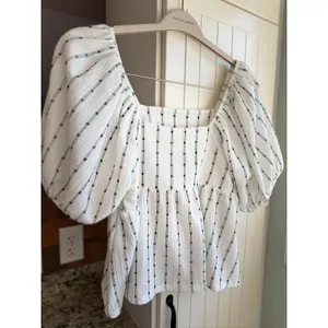 Madewell Puff Sleeve Empire Top MD049 Black White Stripe Square Neck Small S thumbnail 5