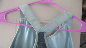 PINK Victoria's Secret seamless lightly lined sport sports bra sparkly pink on straps in gray and blue size medium. thumbnail 5