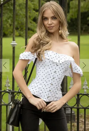 Polka Dot Corset Top With Off The shoulder sleeves thumbnail 1
