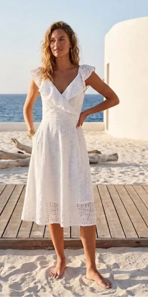 SHEIN White Eyelet Lace Ruffle Wrap Mini Dress Size M Minimalist Coastal Resort thumbnail 1