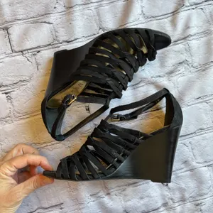 Lauren Black Suede Strappy Wedge Heels Sandals 7 thumbnail 6