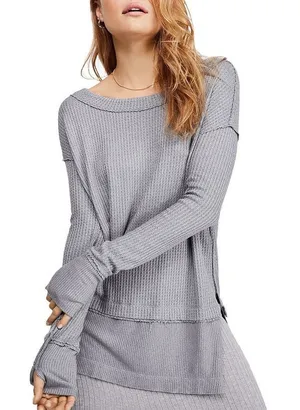 Free People North Shore Thermal Knit‎ Tunic Top In Grey Womens Large Distressed thumbnail 1