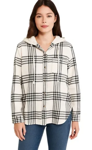 American Eagle - NWT Plaid Button Down Y2K Grunge Hooded Shirt Jacket Sz S thumbnail 1