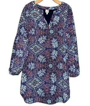 Pink Owl Apparel Women’s Size L Purple Blue Cream Medallion Print Shift Dress thumbnail 1