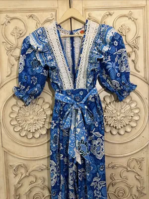 FARM Rio Full of Flowers Blue Floral Lace Jumpsuit Small Flaw Vacay Boho S-S thumbnail 4