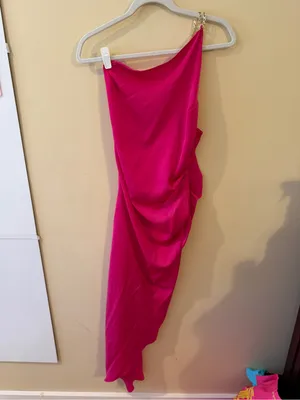 American Threads One-Shoulder Hot Pink Satin Maxi Dress with Chain Strap thumbnail 3
