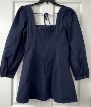 DArk Square Neck Navy Mini Dress. Zipper & Tie Back. Large thumbnail 4