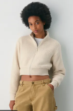 Aritzia Tna Polartec Thermal Pro Mockneck Waist Zip-Up sz Small in mullein thumbnail 1