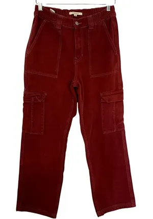 Pacsun bright red denim cargo pants elastic waist women's size‎ small cotton thumbnail 1