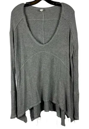Free People Waffle Knit Thermal Distressed Drippy Asymmetrical Long Sleeve Top S thumbnail 1