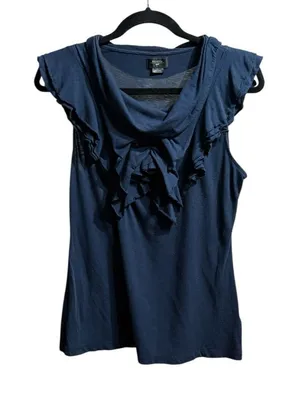 Anthropologie Deletta Womens Ruffle Front Navy‎ Blue Sleeveless Blouse Sz S thumbnail 1