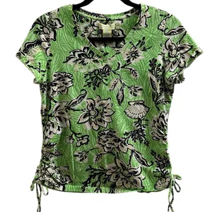 Caribbean Joe Petite M Women’s Tropical Green V-neck Side-Tie Ruched Knit Top thumbnail 1