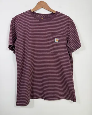 Carhartt Women’s Original Fit Striped Pocket T Shirt Burgundy M 8-10 thumbnail 1